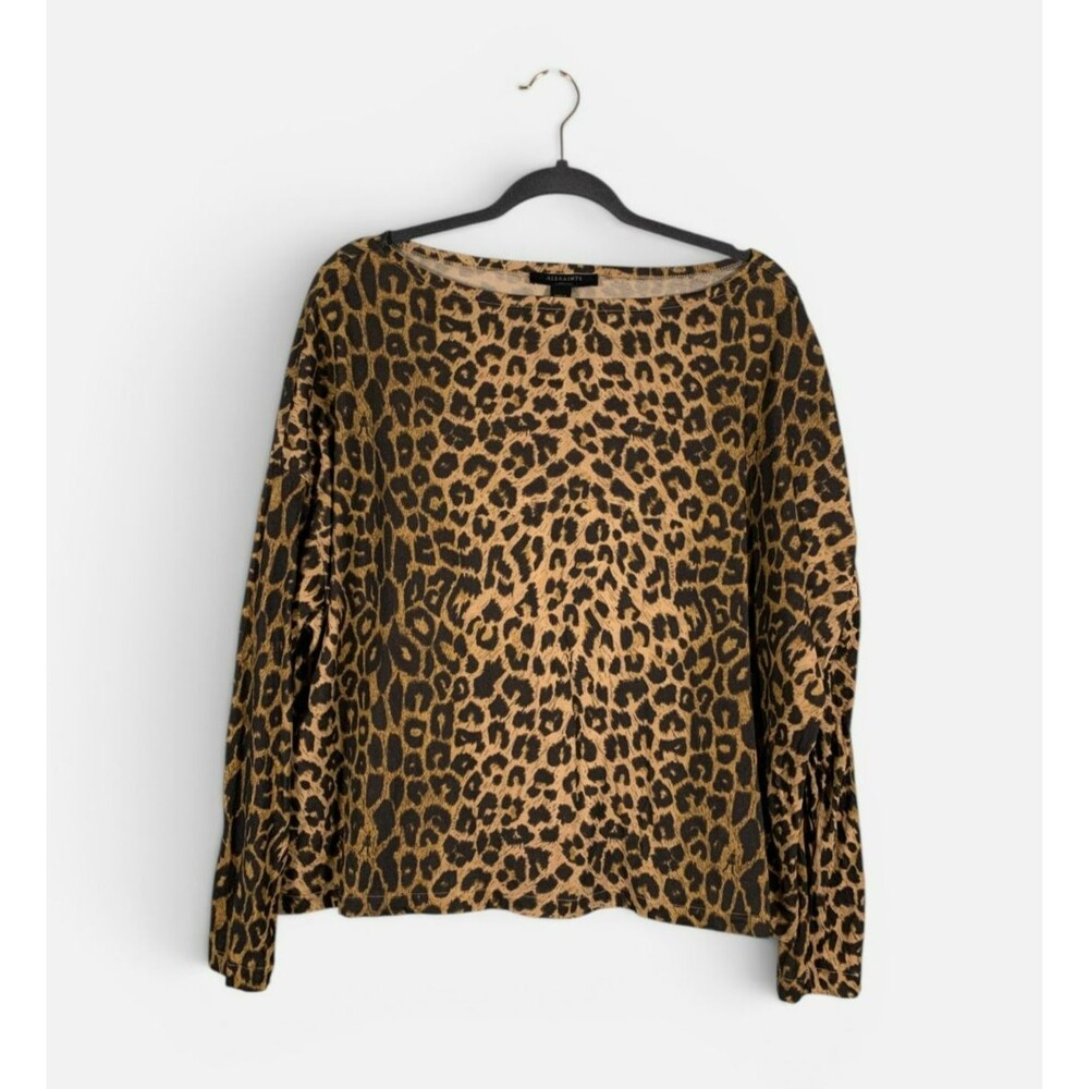 AllSaints Rita Leppo Leopard Print Long Sleeve Cotton Boatneck Top Medium